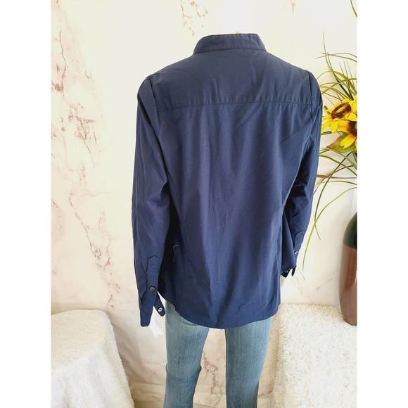 Pari Passu Mandarin Collar Button Up Shirt Fit B: "Curvier Body Type" Navy - Picture 7 of 8